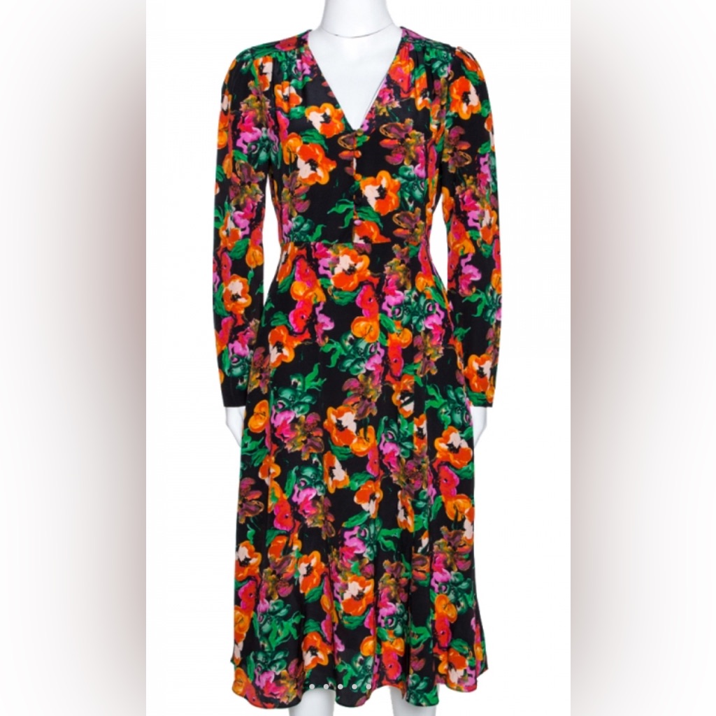Diane Von Furstenberg Silk Black Floral Print Midi Dress Long Sleeves Size 10